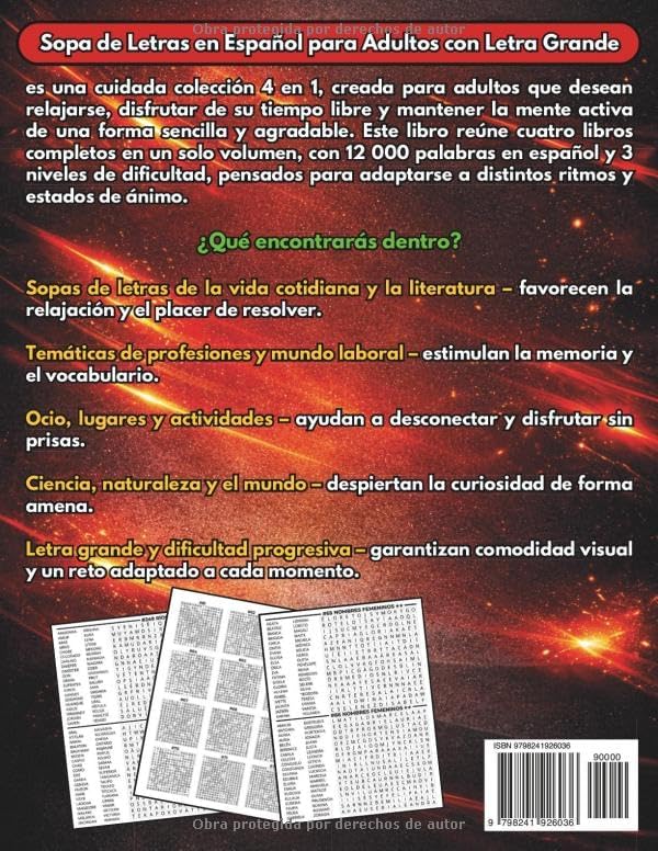 Sopa de Letras en Español para Adultos con Letra Grande: Libro 4 en 1 con 12000 Palabras y 3 Niveles para Relajarse y Disfrutar Durante Horas (Regalos para Personas Mayores) (Spanish Edition) by Daniel Paveron