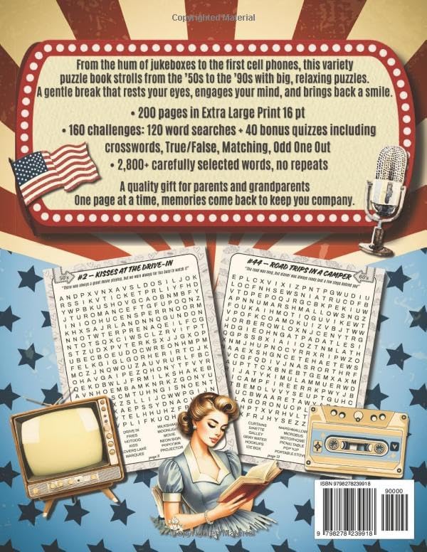 Nostalgic Word Search for Adults & Seniors: A Journey Through the 50s-90s with 120 Large Print Word Searches and 40 Bonus Brain Games for Relaxation and Memory Boosting (Word Find Books) by Velvet Mind Books