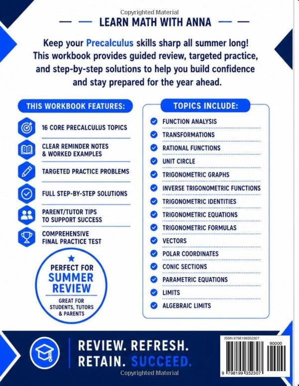 PreCalculus Summer Review Workbook: Avoid the Summer Slide with Targeted Practice and Step-by-Step Solutions (Summer Review | USA Math Series) by Learn Math with Anna