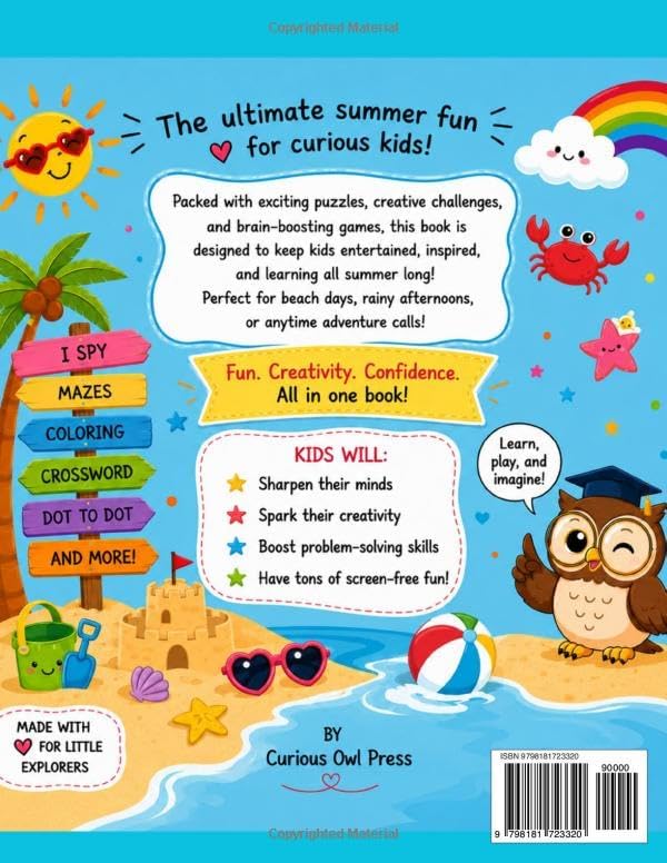 Summer Adventure Activity Book for Kids Ages 4-8: Mazes, Word Searches, Coloring Pages, Dot-to-Dots, Scissor Skills, Puzzles and Fun Summer Challenges ... Creativity and Screen-Free Entertainment by Curious Owl Press