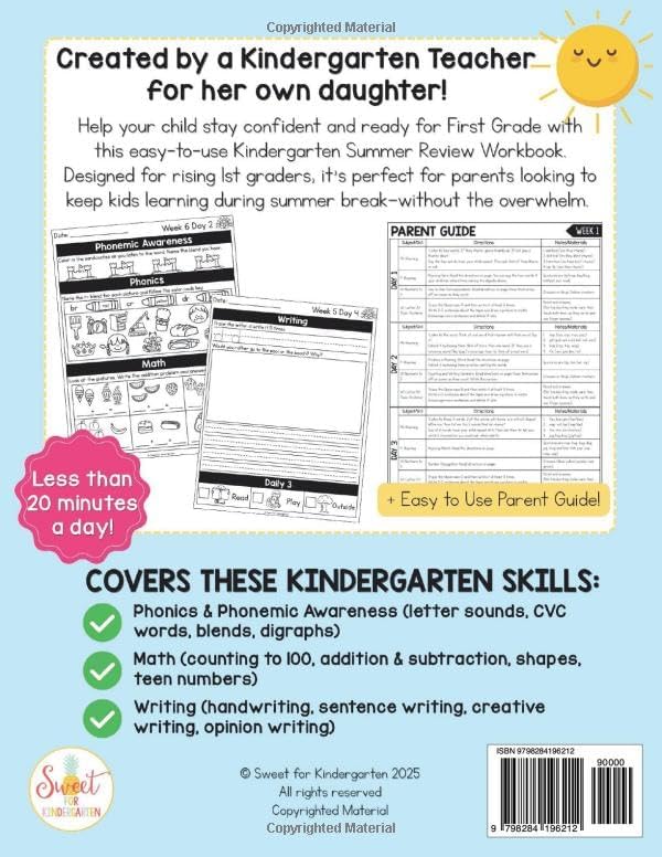Kindergarten to First Grade Summer Workbook: Daily Summer Activities K-1 Math Phonics Handwriting and Sentence Writing for Kids Ages 5-7, Get Ready for First Grade at Home by Kristina Harrill