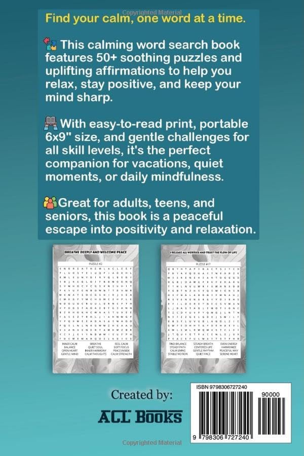 Calming Word Search for Adults, Teens & Seniors: Word Searches with Easy-to-Read Print to Promote Positivity, Relaxing, Calming, and More | 6x9 Inches ... Great For Vacations, Holidays and Free Times by ACL Books