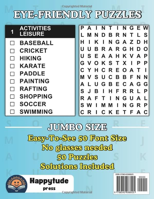 Extra Large Print Word Search for Seniors and Adults: Jumbo Word Find Book with Themed Puzzles and Huge Letters (Big 50 Pt Font Size) (Extra Large ... Letters To Have Fun And Relax (50 Font Size)) by Happytude Press