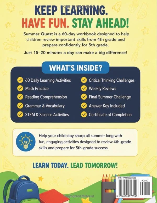 Summer Quest 4th to 5th Grade Workbook: 60-Day Summer Learning Challenge | Math, Reading, STEM, Critical Thinking, Grammar & Vocabulary for Kids ... (Summer Quest Daily Bridge Adventure Series) by Adventure Learning Press