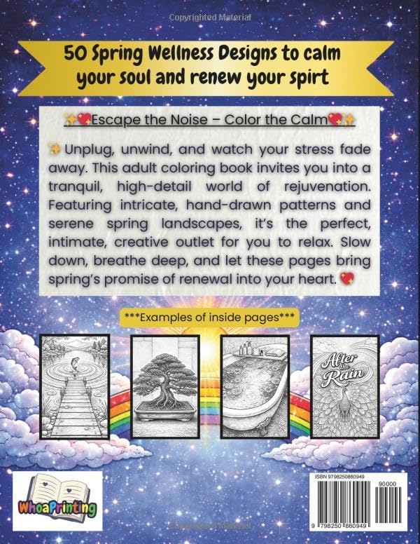 Adult Wellness Coloring Book - Stress Relief, Mindfulness, Sooth Anxiety, Adults Relaxation, Motivational, 50 designs: The Journey Within: A Spring ... & Resilience - Inner Peace, Calm, Quotations by Whoa Printing