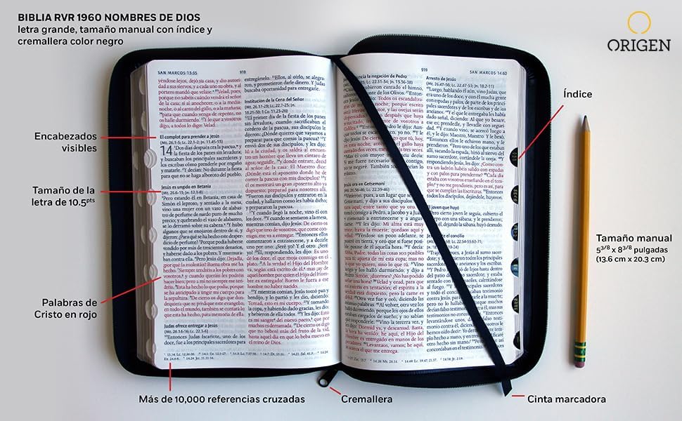 Biblia RVR 1960 Nombres de Dios letra grande tamaño manual con índice y cremallera color negro / Spanish Bible RVR60 Handy Size Black Names of God Index Zippe (Spanish Edition) by Reina Valera Revisada 1960