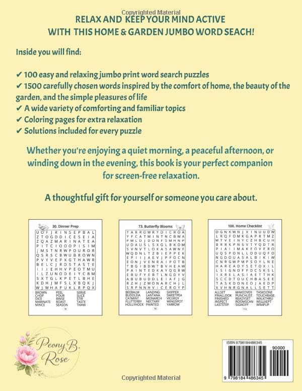 Home and Garden Jumbo Word Search for Seniors: 100 Extra Large Print Easy Puzzles with Solutions (Ageless Mind: Jumbo Word Search Books for Seniors) by Peony B. Rose