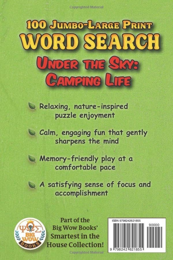 100 Jumbo Large Print Calming, Memory-friendly Word Search Puzzles for Adults, Seniors & Teens, Under the Sky: Camping Life, from Big Wow Books: ... Stress Relief, Focus, and Cognitive Wellness by Mary Alexander