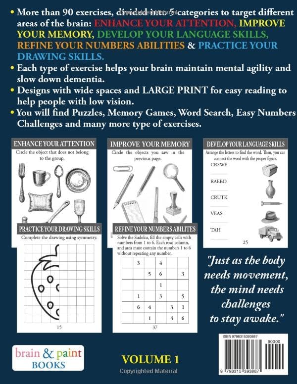 Over 90 Easy and Fun Dementia Activities for Seniors: Large Print Cognitives Exercises, Puzzles, Memory Games and Activities for Dementia Patients (Books For Seniors With Dementia) by Brain and Paint Books