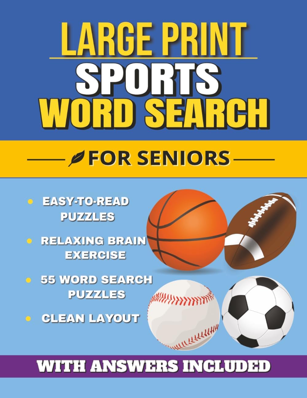 Large Print Sports Word Search for Seniors: Easy-to-Read Puzzles Featuring Sports, Football, Baseball, Basketball, Golf, and Popular Sports | Relaxing ... x 11 Inches, 112 Pages | Solutions Included by PaperBrain Publishing