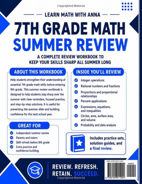 7th Grade Math Summer Review Workbook: Avoid the Summer Slide with Targeted Practice and Step-by-Step Solutions (Summer Review | USA Math Series) by Learn Math with Anna