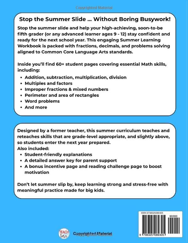 Summer Math Workbook Grades 4 - 5: Math Summer Workbook Ages 9 - 11 Covering Addition, Subtraction, Multiplication, Division, Factors, Multiples, ... Arts - 4th to 5th Grade and 5th to 6th Grade) by Christina Kolley
