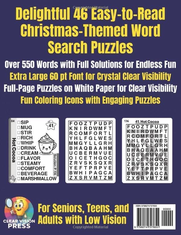 Jumbo Print Christmas Word Search (60 pt Font): Cozy Puzzles for Fun and Relaxation: Brain-Boosting Holiday Games for Seniors, Teens, and Adults with Low Vision by CLEAR VISION PRESS