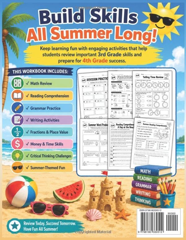 Summer Bridge Workbook: 3rd Grade to 4th Grade: Math, Reading, Grammar, Writing & Critical Thinking Activities to Prevent Summer Learning Loss | Fun Review for Kids Ages 8–10 by Iris Singsuwan