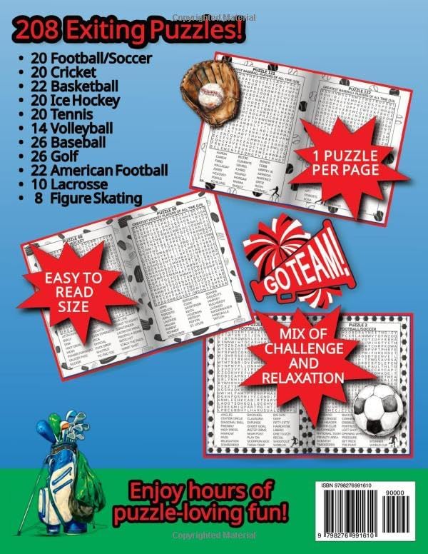 SPORTS Word Search Vol 1 Large Print: 200+ Sports Themed Word Search Puzzles for Adults, Seniors and Teens: Soccer, Football, Baseball, Golf, Basketball, Hockey And More by Ava Brooks