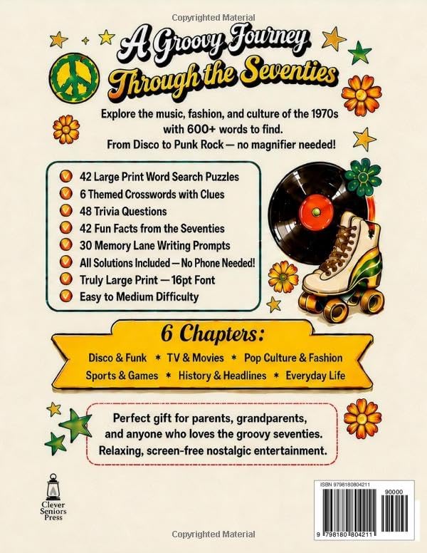 1970s Word Search Book Large Print for Adults & Seniors: 42 Groovy Puzzles, Crosswords, Trivia & Memory Lane Prompts — 600+ Words from the Decade of Disco, Funk & Freedom (Smart Seniors) by Clever Seniors Press