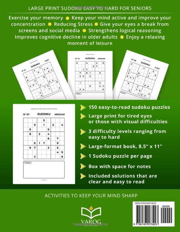 Large print sudoku easy to hard for seniors: 150 easy-to-read sudoku puzzles to keep your mind active, improve focus, and enjoy relaxing brain exercise (Large Print Sudoku for Seniors) by Varog Editorial