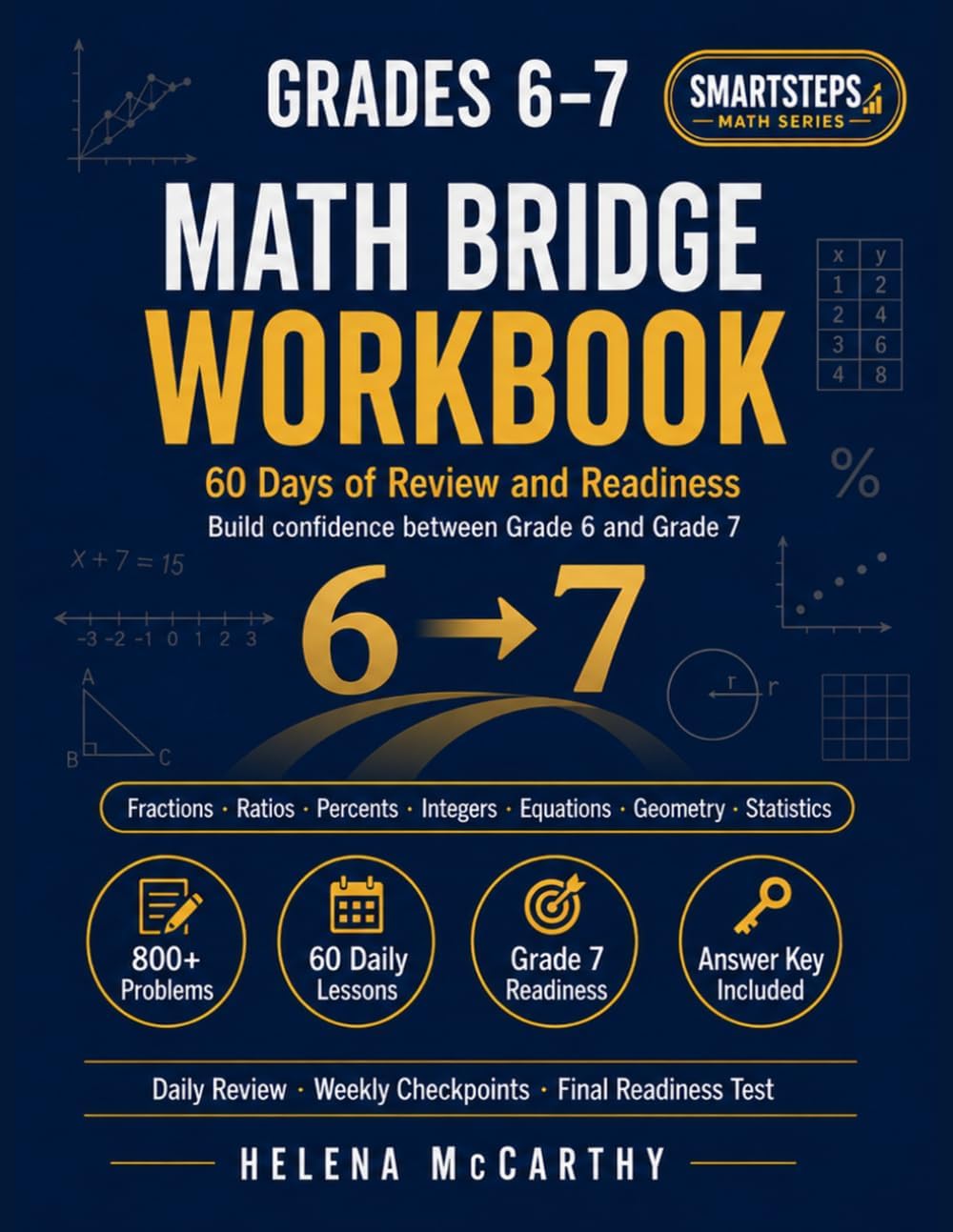 Grades 6–7 Math Bridge Workbook: 60 Days of Grade 6 Review and Grade 7 Readiness with Fractions, Ratios, Percents, Integers, Equations, Geometry, ... Answer Key (SmartSteps Math Grade 6 Series) by Helena McCarthy