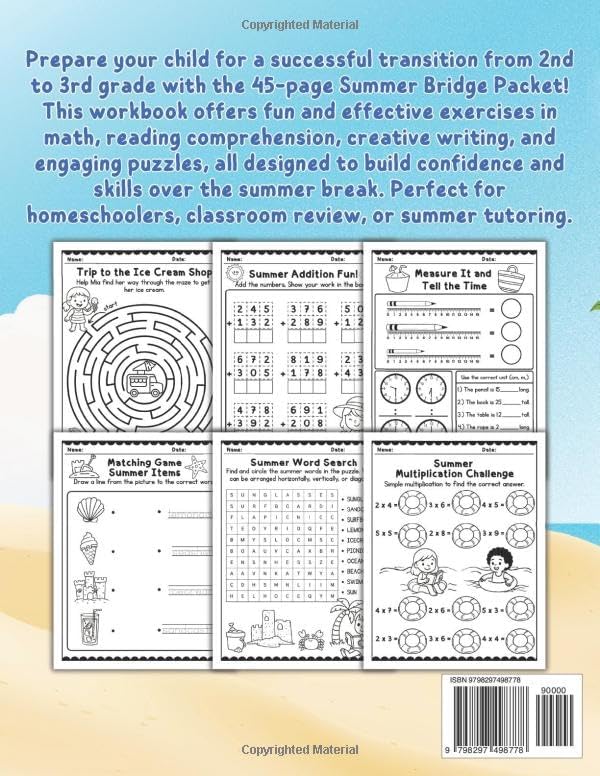 Summer Bridge Packet Grade 2 to 3 Workbook: Fun & Engaging Review of Math, Reading, Writing, and Puzzles for Rising Third Graders by Iris Singsuwan