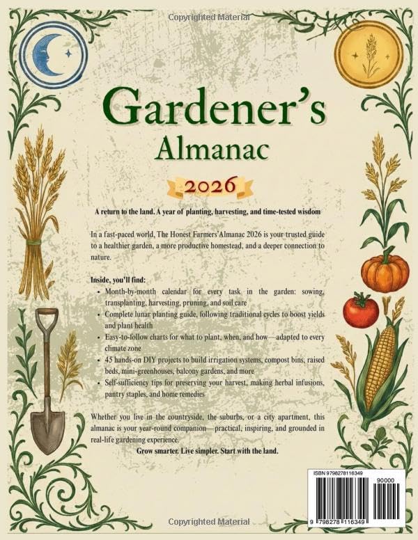 GARDENER’S ALMANAC 2026: A practical guide to gardening and cultivation for everyday growers. No advertising, no tricks, just monthly tips, a lunar calendar, and farming wisdom. by Harlan Ridge