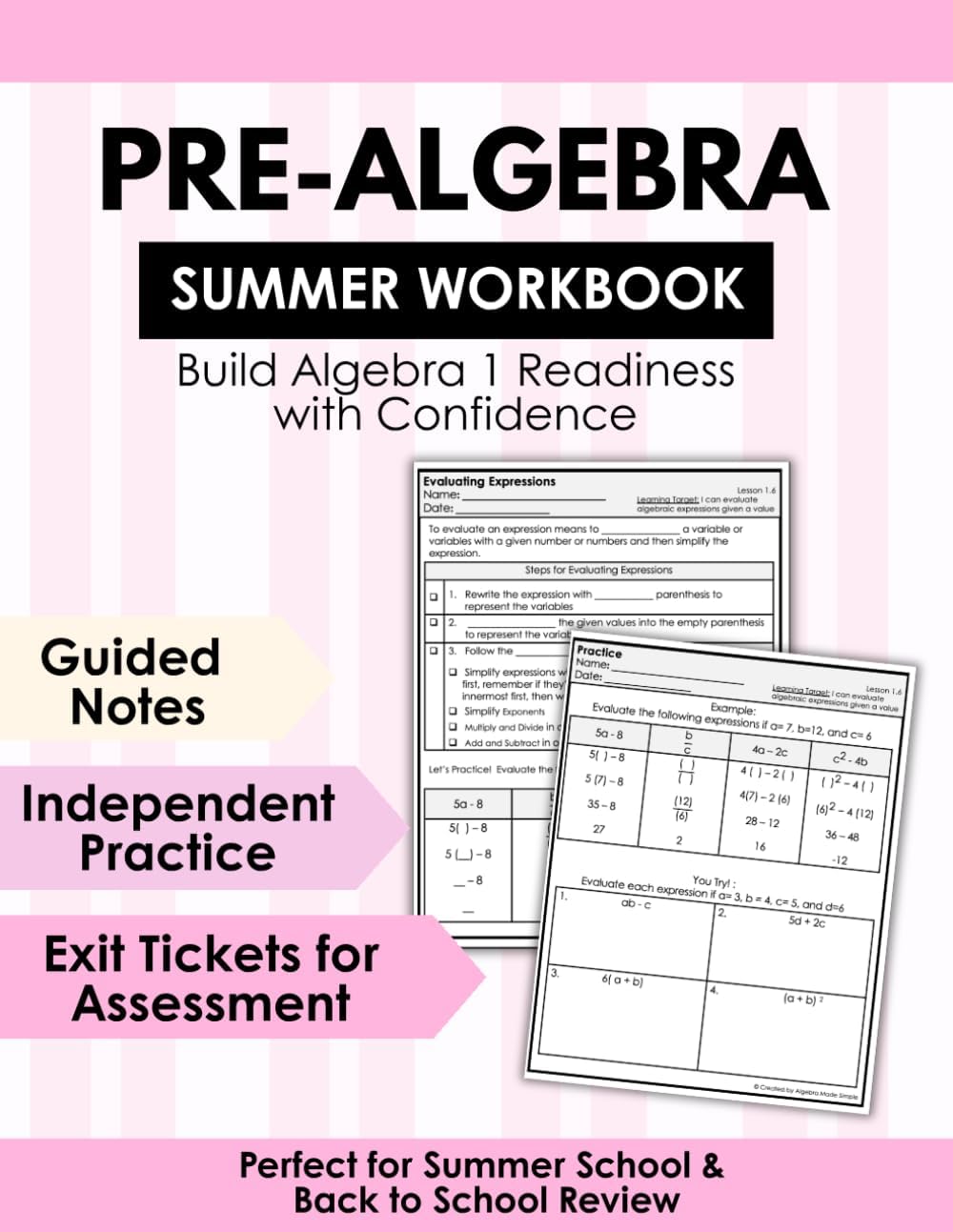Algebra 1 Summer Readiness Workbook | Pre-Algebra Skills Review with Guided Notes, Practice & Exit Tickets | Back to School, Summer School, Homeschool Math (Algebra 1 Math Club) by Stephanie Marrero