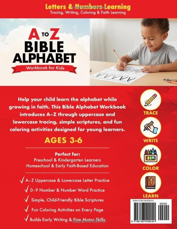 Bible Alphabet Workbook for Kids Ages 3-6: A-Z Letter Tracing, Bible Scriptures for Children & Coloring Activities | Christian Preschool Learning Workbook for Boys and Girls by Nicole May