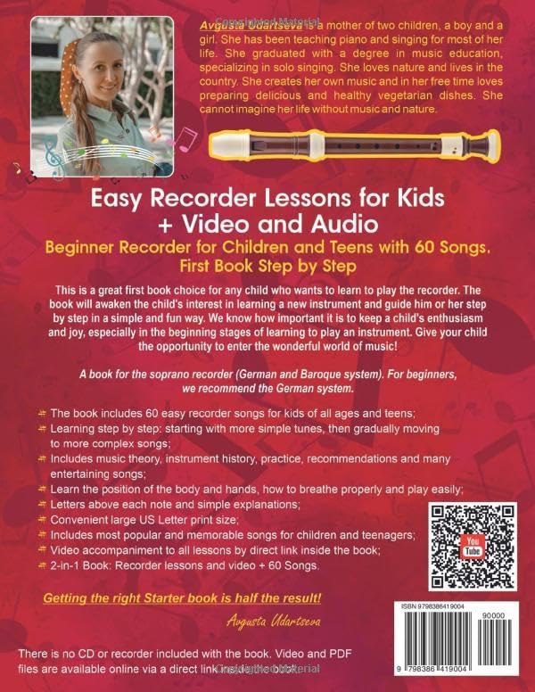 Easy Recorder Lessons for Kids + Video and Audio: Beginner Recorder for Children and Teens with 60 Songs. First Book Step by Step by Avgusta Udartseva
