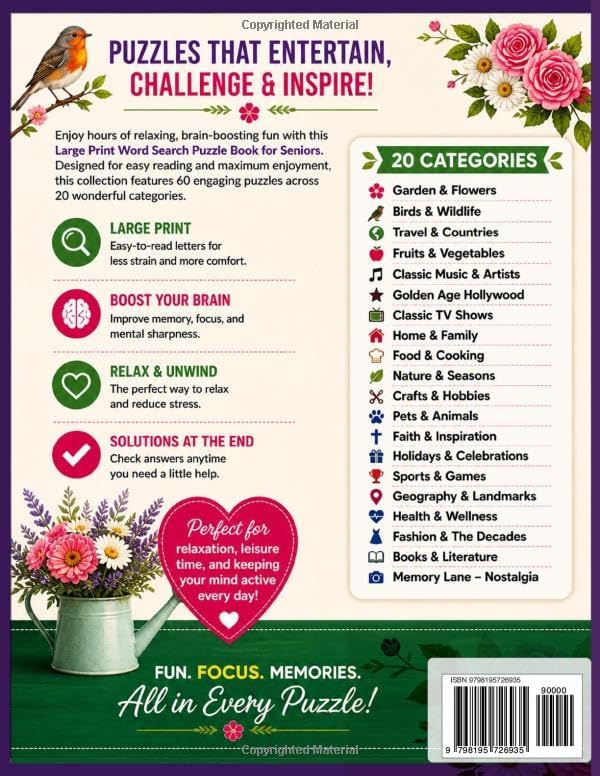 Large Print Word Search Puzzles for Seniors: 60 Fun Puzzles with Solutions — Nostalgia, Nature, Classic TV, Travel & More Vol1: A Brain-Boosting ... Brain Games — Large Print Puzzle Series) by Tanirika Bhatt