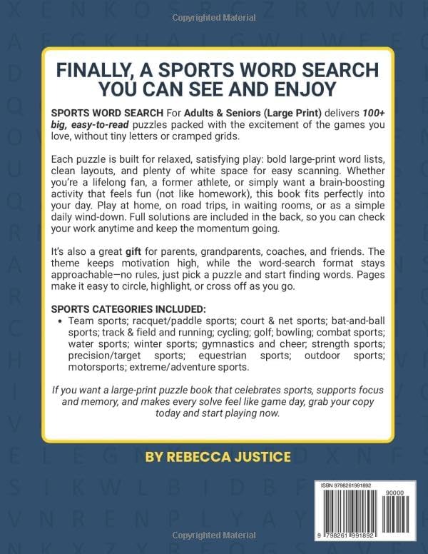 SPORTS WORD SEARCH FOR ADULTS & SENIORS: 100+ BIG EASY-TO-READ PUZZLES WITH SOLUTIONS - 1850+ WORDS - LARGE PRIINT (WORD SEARCH LARGE PRINT) by REBECCA JUSTICE
