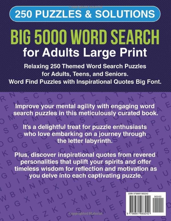 BIG 5000 Word Search for Adults Large Print: Relaxing 250 Themed Word Search Puzzles for Adults, Teens, and Seniors. Word Find Puzzles with Inspirational Quotes Big Font by Brain Fitness