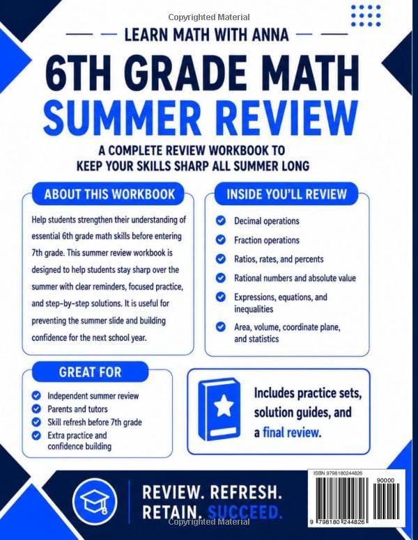 6th Grade Math Summer Review Workbook: Avoid the Summer Slide with Targeted Practice and Step-by-Step Solutions (Summer Review | USA Math Series) by Learn Math with Anna
