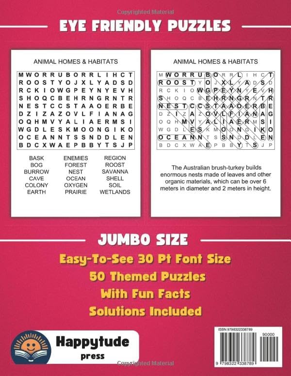 Extra Large Print Word Search: Jumbo Word Search For Seniors & Adults | 50 Themed Puzzles With Very BIG Letters (30 Font Size) | Anti-Eye Strain And ... Seniors - With Fun Facts And Jumbo Solutions) by Happytude Press