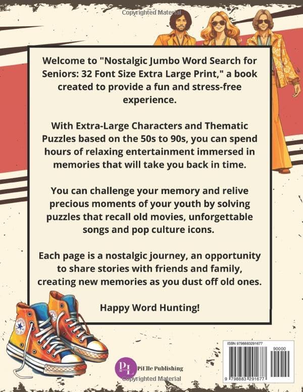 Nostalgic Jumbo Word Search for Seniors: 32 Font Size Extra Large Print. 50 Relaxing Retro-Themed Word Searches with Solutions & Very Big Letters. by PiElle Publishing