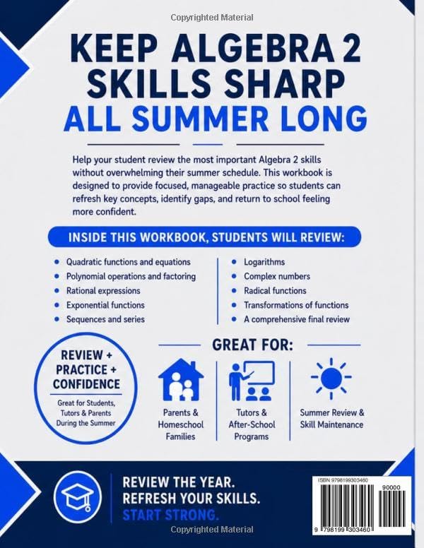 Algebra 2 Summer Review Workbook: Avoid the Summer Slide with Targeted Practice and Step-by-Step Solutions (Summer Review | USA Math Series) by Learn Math with Anna