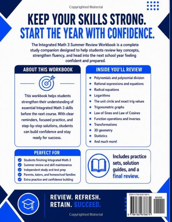 Integrated Math 3 Summer Review Workbook: Avoid the Summer Slide with Targeted Practice and Step-by-Step Solutions (Summer Review | USA Math Series) by Learn Math with Anna