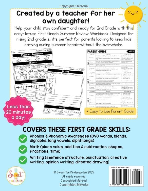 First Grade Summer Review Workbook: Fun First Grade Phonics Review, First Grade Math Review, and Writing Journal Prompts for 1st to 2nd Grade Ages 6-8 by Kristina Harrill