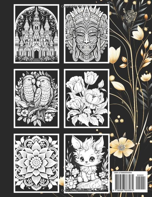 Black Background Coloring Book: 50 Coloring Pages of Flowers, Animals, Landscapes, Mandalas, Architecture and More for Relaxation and Stress Relief by Marijana Larik
