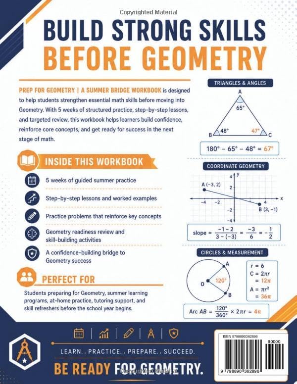 Prep For Geometry | A Summer Bridge Workbook: 5 Weeks of Practice Problems and Step-by-Step Lessons to Strengthen Skills before Geometry (Prep Math Workbook by Sam) by Samuel Adegboye