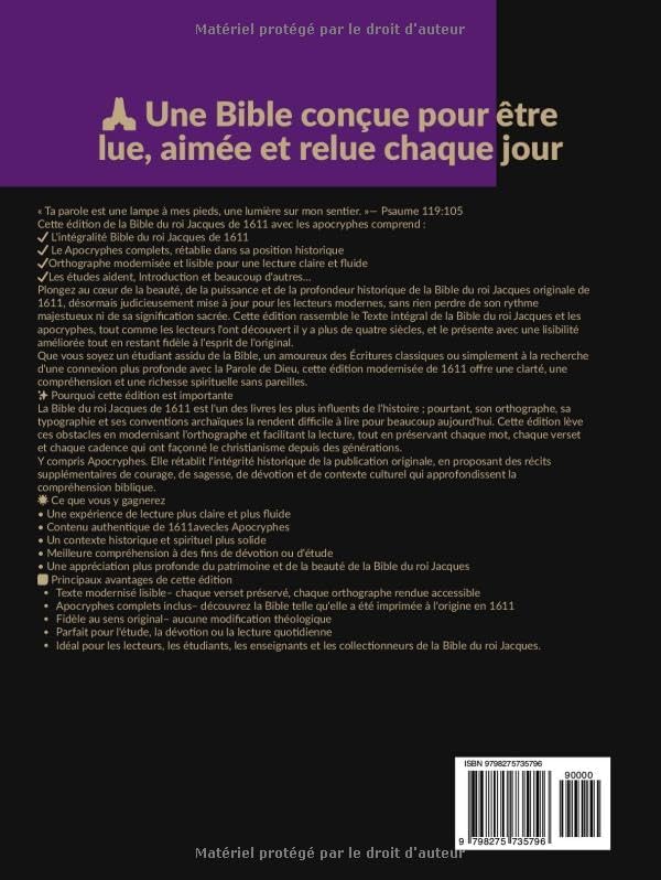 Bible Du Roi Jacques De 1611 Avec Les Apocryphes: Les 80 Livres De La Version King James (Traduit) (French Edition) by Anonymous