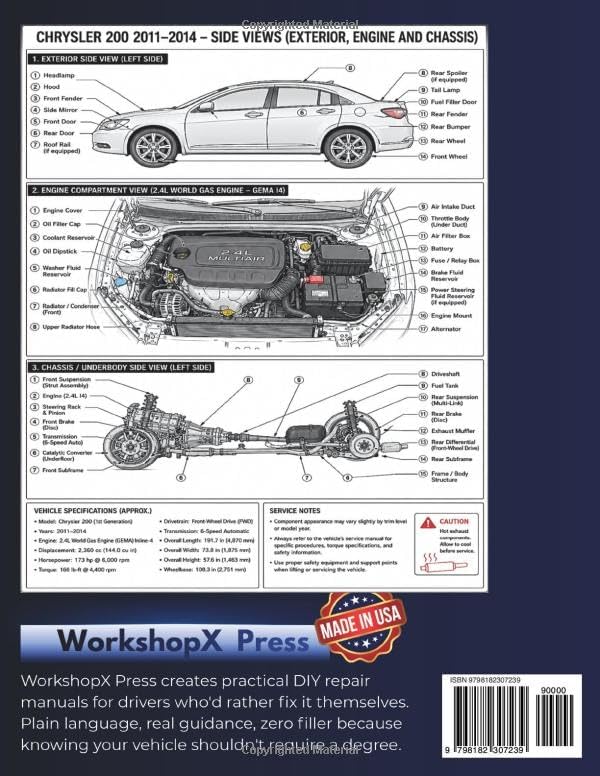 CHRYSLER 200 2011-2014 REPAIR MANUAL: Beginner-Friendly DIY Guide for the 1st Gen, 2.4L World Gas Engine/GEMA inline-4 Engine, 600+ Full-Color Repair Illustrations and Step-by-Step Instructions by Jon Diesel