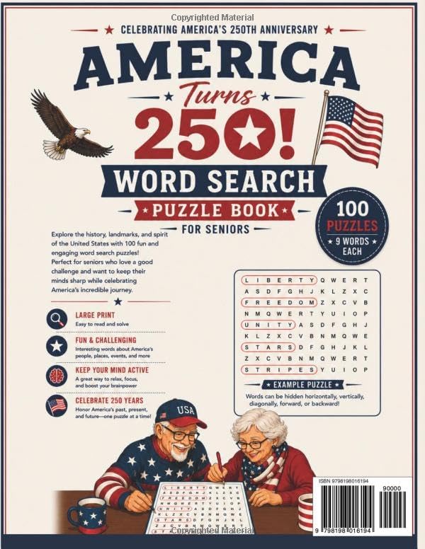 America Turns 250! Word Search Puzzle Book for Seniors: Large Print Word Search for Seniors Featuring American History, Patriotic Symbols, ... July Traditions, Presidents, Landmarks & More by The Creative Sheet