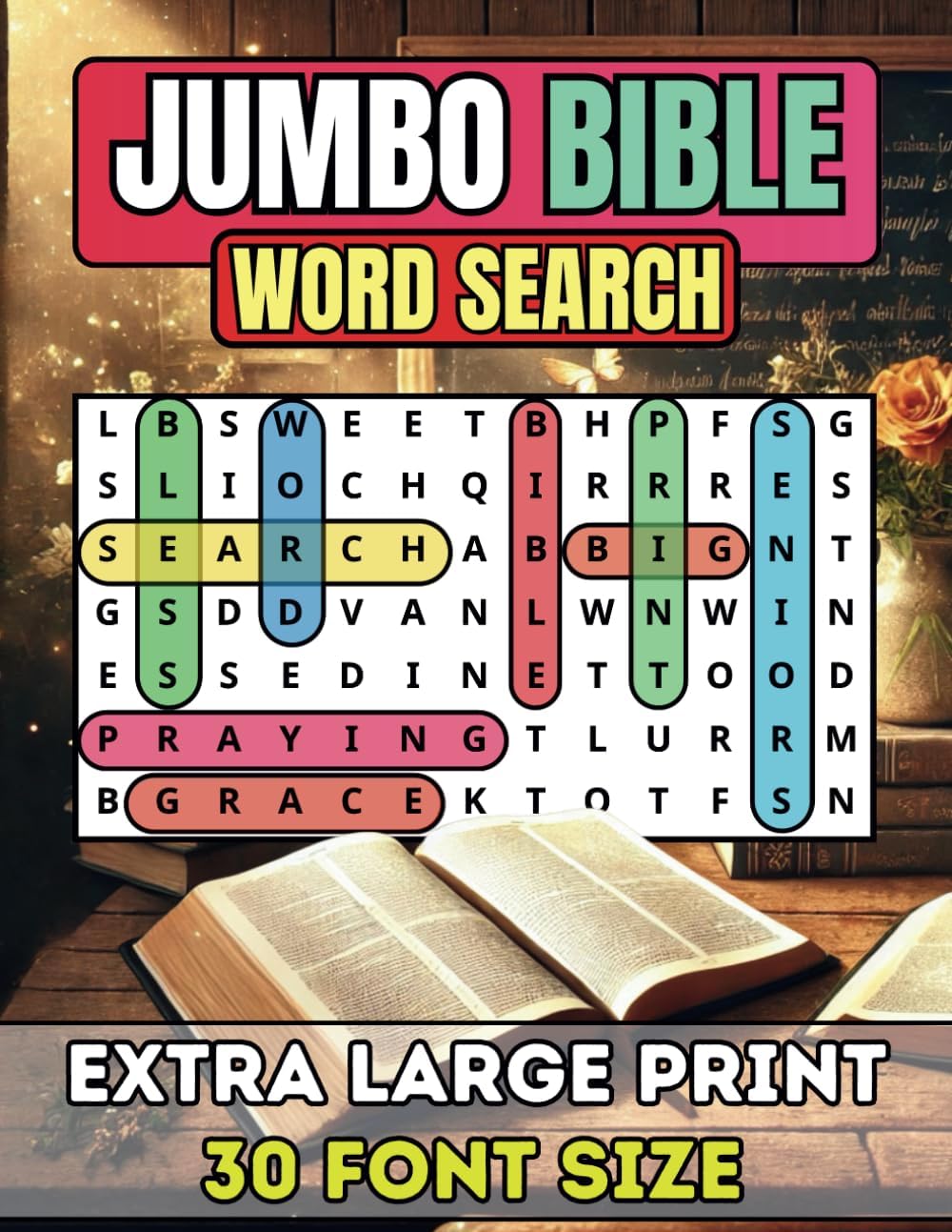 Jumbo Bible Word Search for Seniors and Adults: Extra Large Print Christian Puzzle Book | 50 Easy-to-Read Stress Relief Word Find Puzzles with Biblical Verses from Scripture by Happytude Press
