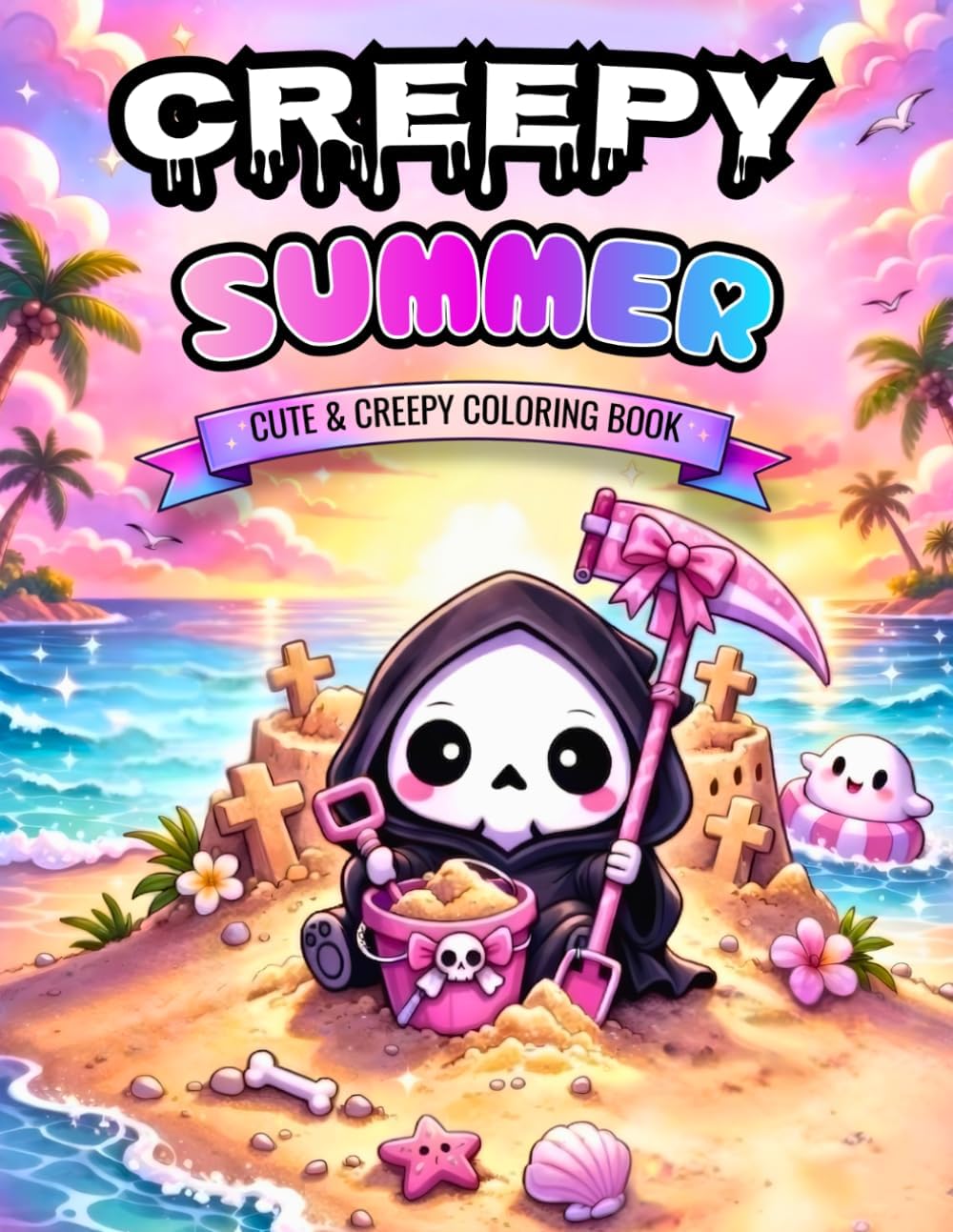 Creepy Summer: A Cute and Creepy Coloring Book for Adults and Teens: 50 Unique Kawaii Horror Designs with Beach Ghosts, Spooky Tropical Scenes, and Adorably Haunted Summer Vibes by Fujika