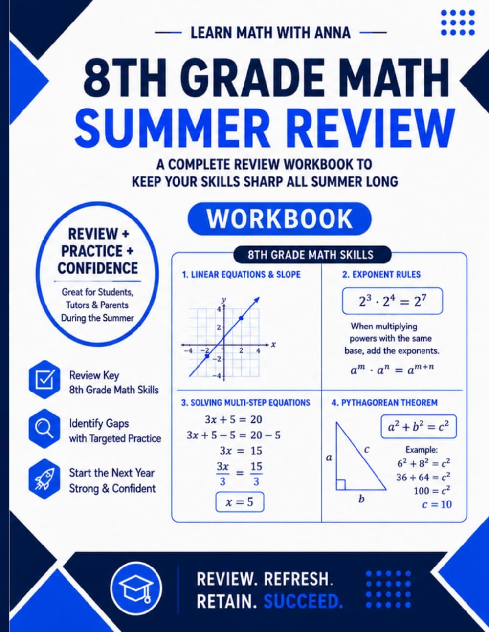8th Grade Math Summer Review Workbook: Avoid the Summer Slide with Targeted Practice and Step-by-Step Solutions (Summer Review | USA Math Series) by Learn Math with Anna