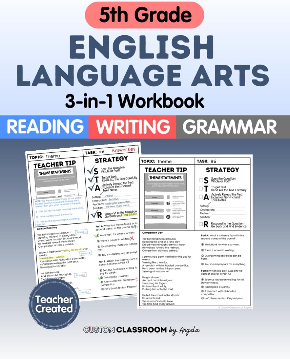 5th Grade ELA Workbook: Reading Comprehension, Writing, and Grammar Practice for Summer Learning & STAAR Test Prep: Master key ELA skills with reading ... grammar review. Great for summer learning. by Angela Sultzer