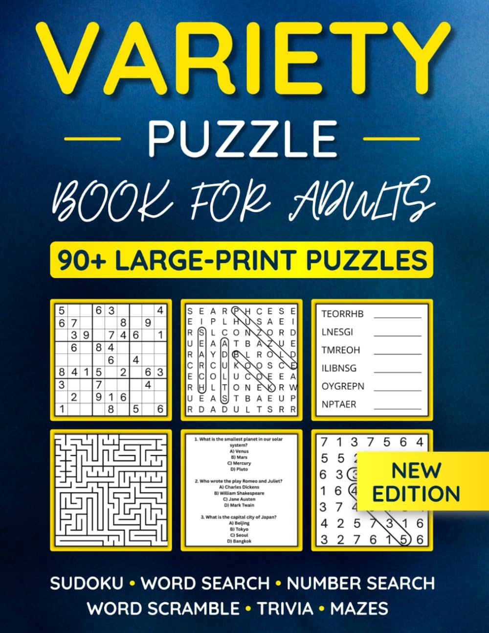 Variety Puzzle Book For Adults: 90+ Large-Print Puzzles Word Search, Sudoku, Word Scramble, Number Search, Trivia, Mazes by FUNAFTER BOOKS