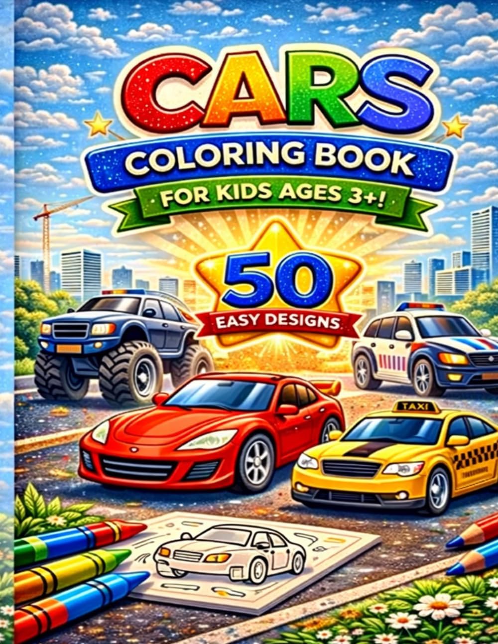 Cars Coloring Book for Kids Ages 3-8: 50 Big and Easy Cars, Trucks, Police Cars and More Fun Vehicles (Q8 Coloring Cars Series) by Q8 Coloring