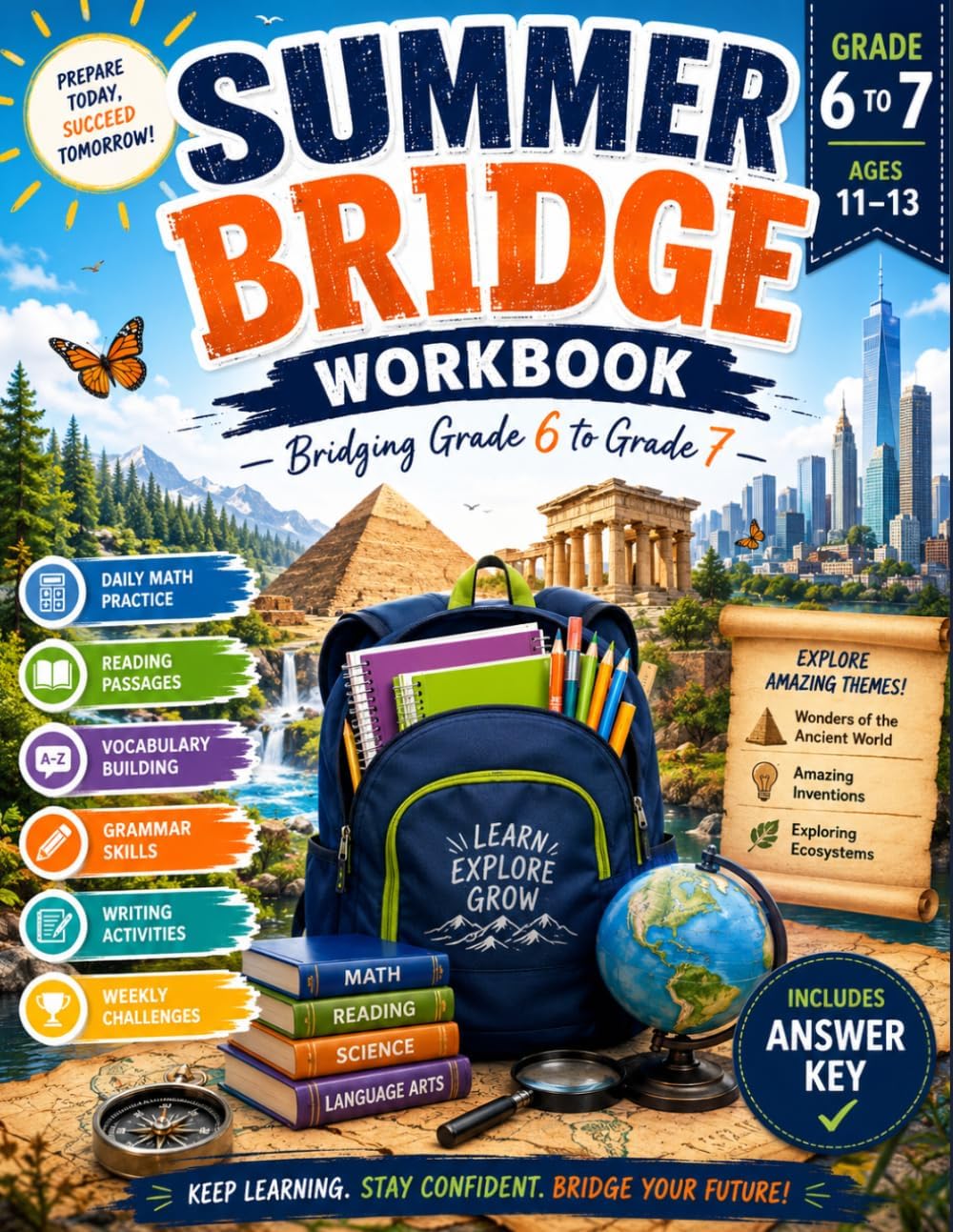 Summer Bridge Workbook Grade 6 to 7: 6 Weeks of Daily Math, Reading, Vocabulary, Grammar, and Writing Activities with Engaging Themes, Weekly Challenges, Illustrations, and a Complete Answer Key by Dr Paige Racheal