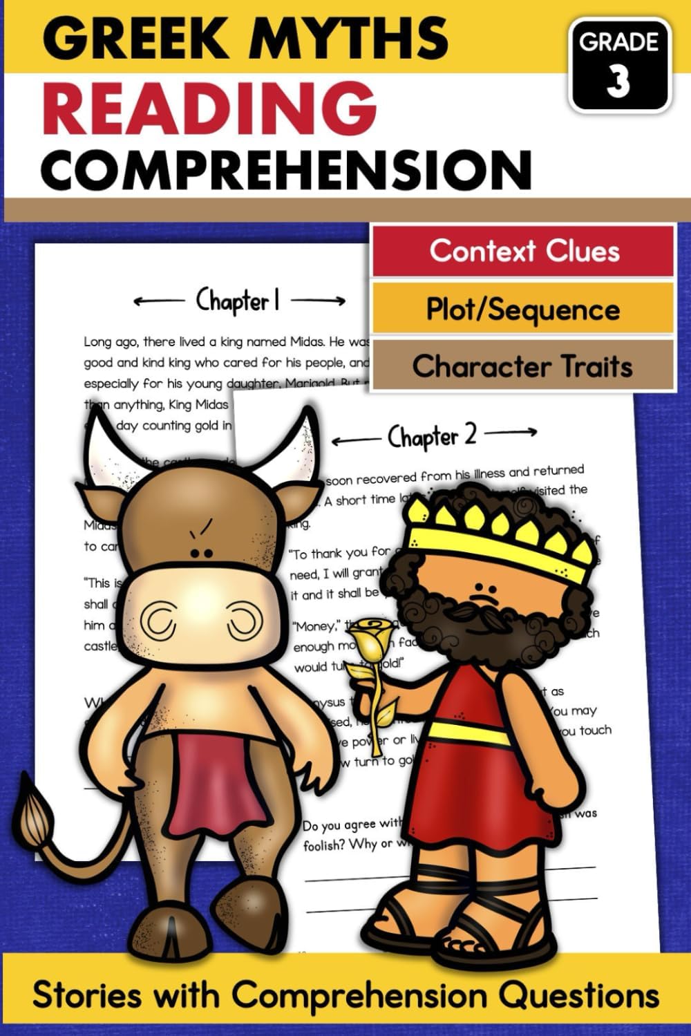 Greek Stories and Myths Grade 3 Reading Comprehension Workbook for Kids: Theseus and the Minotaur King Midas and the Golden Touch by J. Ecochardt
