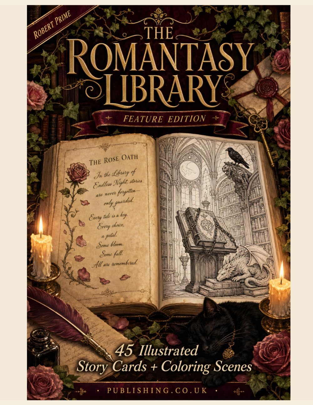 The Romantasy Library Coloring Book and Activity Book: Feature Edition — 45 Illustrated Scenes with Story Cards, Lore Quizzes & 40 Hidden Objects by Robert Prime